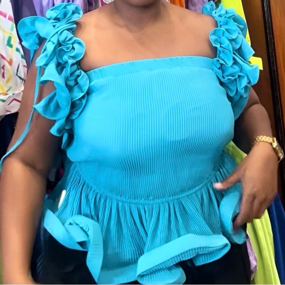 Ashley Stewart Blue Ruffled Sleeveless Blouse